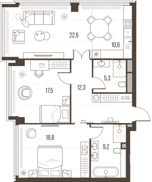 Планировка: 3-комнатная квартира, 96,3 м²