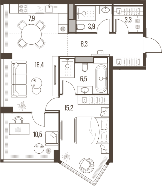 Планировка: 3-комнатная квартира, 74,0 м²