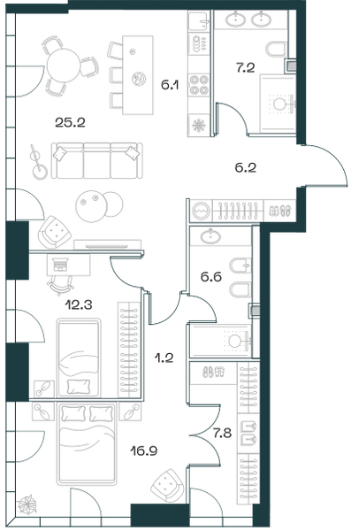 Планировка: 3-комнатная квартира, 89,9 м²