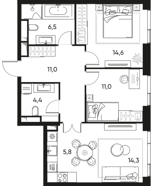 Планировка: 3-комнатная квартира, 67,7 м²