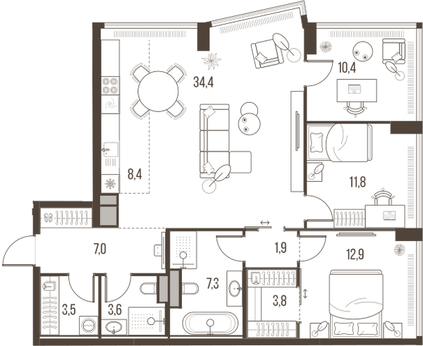 Планировка: 4-комнатная квартира, 105,1 м²