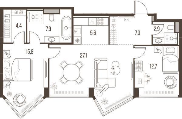 Планировка: 3-комнатная квартира, 83,4 м²