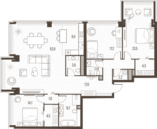 Планировка: 4-комнатная квартира, 163,2 м²