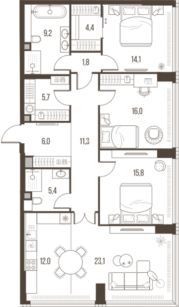 Планировка: 4-комнатная квартира, 124,8 м²