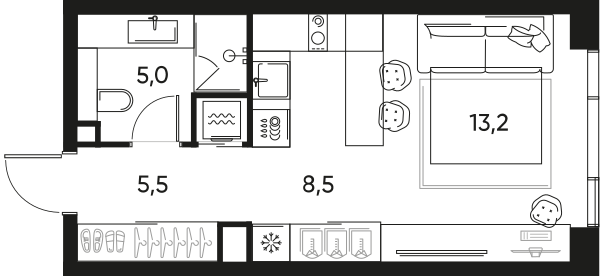 Планировка: 1-комнатная квартира, 32,4 м²