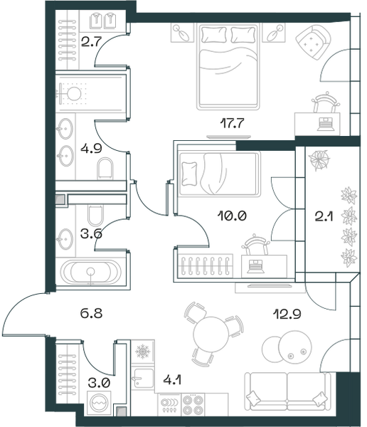 Планировка: 3-комнатная квартира, 67,2 м²
