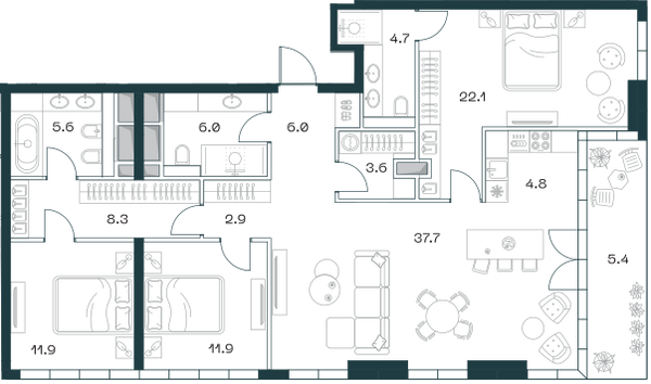 Планировка: 4-комнатная квартира, 130,8 м²