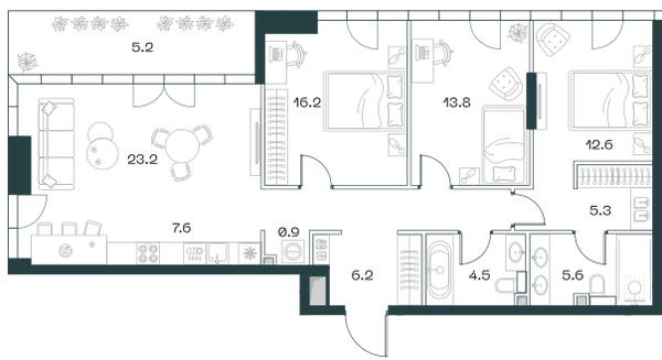 Планировка: 3-комнатная квартира, 107,6 м²