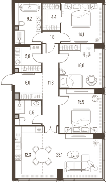 Планировка: 4-комнатная квартира, 125,4 м²