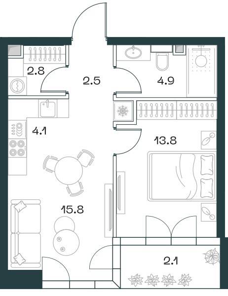 Планировка: 2-комнатная квартира, 46,0 м²