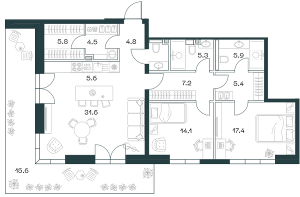 Планировка: 3-комнатная квартира, 125,6 м²