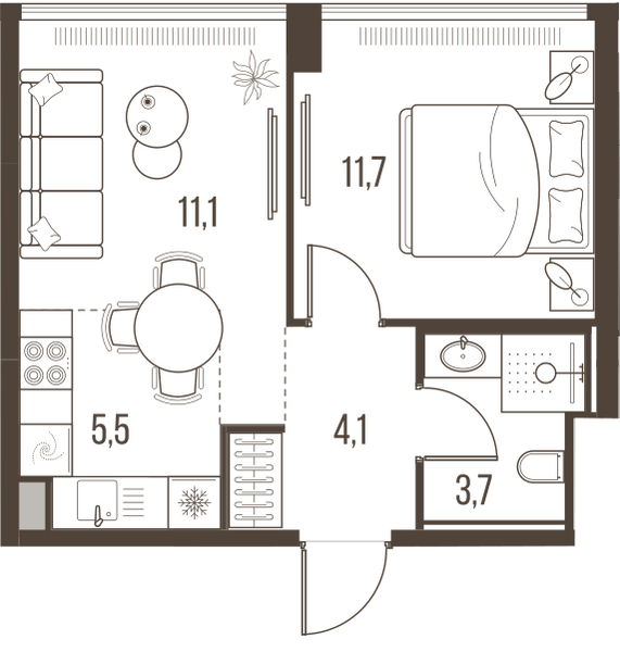Планировка: 2-комнатная квартира, 36,1 м²