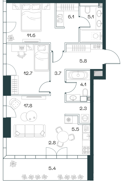Планировка: 3-комнатная квартира, 82,9 м²
