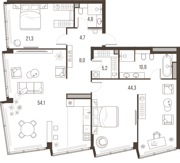 Планировка: 3-комнатная квартира, 153,1 м²