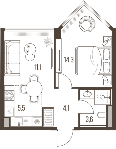 Планировка: 2-комнатная квартира, 38,6 м²
