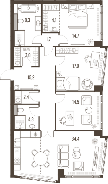 Планировка: 4-комнатная квартира, 120,4 м²