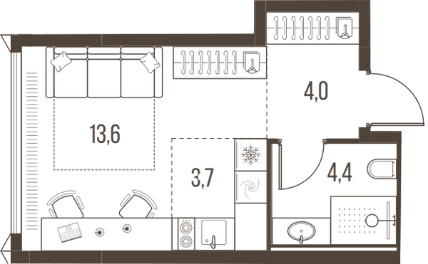 Планировка: 1-комнатная квартира, 25,7 м²
