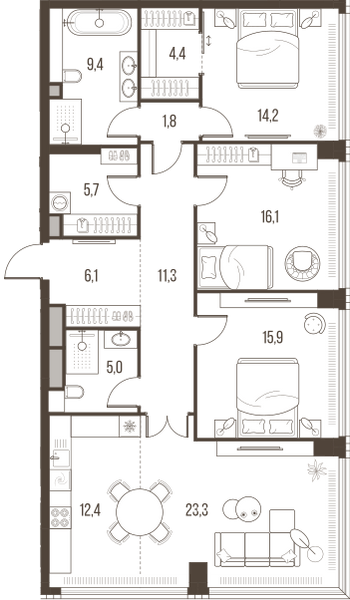 Планировка: 4-комнатная квартира, 125,6 м²
