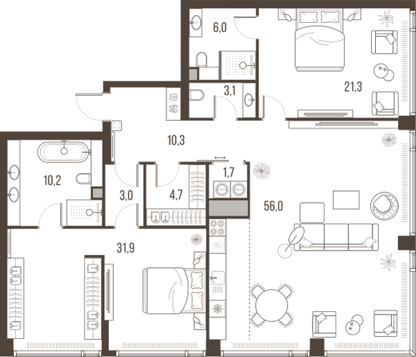 Планировка: 3-комнатная квартира, 148,2 м²