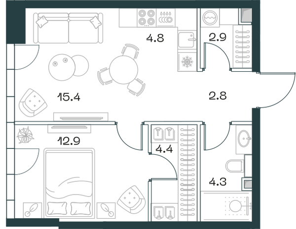 Планировка: 2-комнатная квартира, 47,5 м²