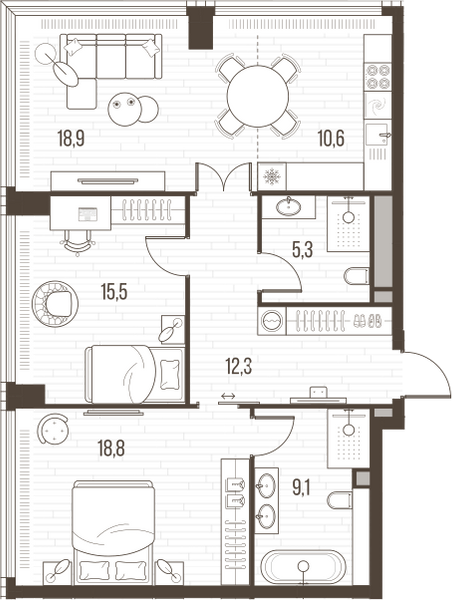 Планировка: 3-комнатная квартира, 90,5 м²