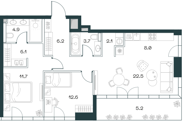 Планировка: 3-комнатная квартира, 83,0 м²