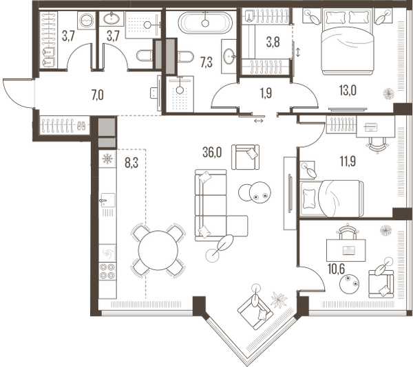 Планировка: 4-комнатная квартира, 107,2 м²