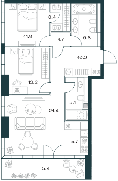 Планировка: 3-комнатная квартира, 82,6 м²
