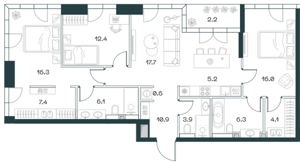 Планировка: 3-комнатная квартира, 109,1 м²