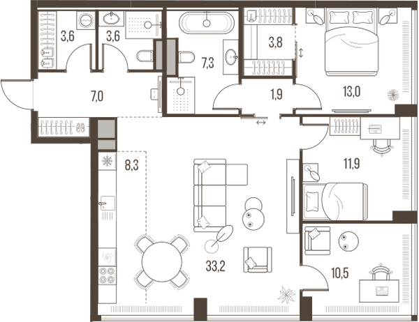 Планировка: 4-комнатная квартира, 104,1 м²