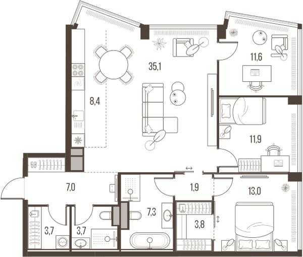 Планировка: 4-комнатная квартира, 107,4 м²