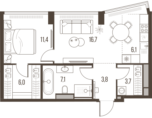 Планировка: 2-комнатная квартира, 54,8 м²