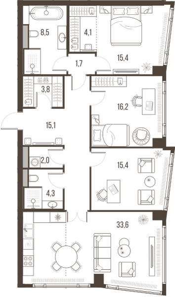 Планировка: 4-комнатная квартира, 120,1 м²