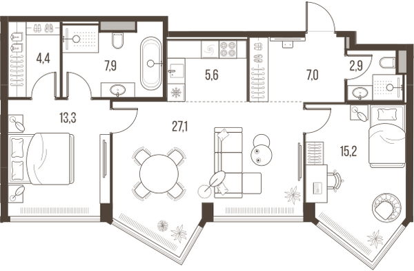 Планировка: 3-комнатная квартира, 83,4 м²