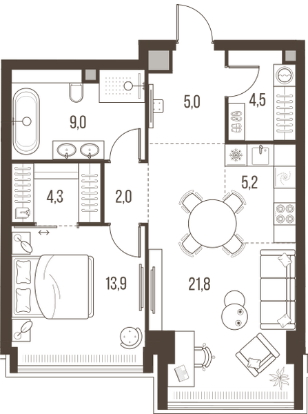 Планировка: 2-комнатная квартира, 65,7 м²