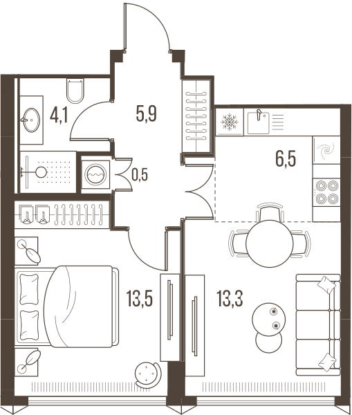 Планировка: 2-комнатная квартира, 43,8 м²