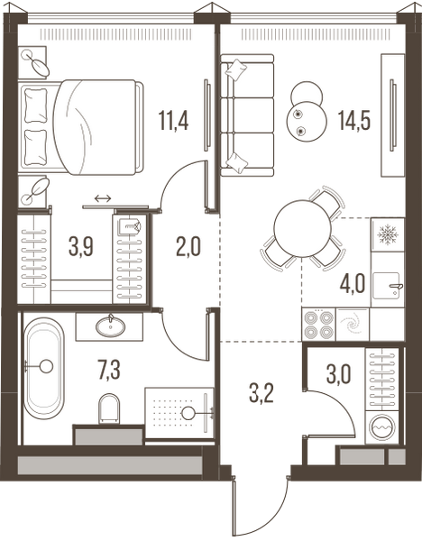Планировка: 2-комнатная квартира, 49,3 м²