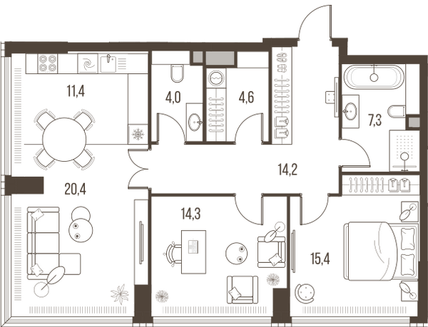 Планировка: 3-комнатная квартира, 91,6 м²