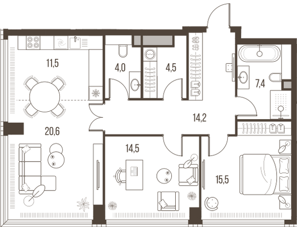 Планировка: 3-комнатная квартира, 92,2 м²