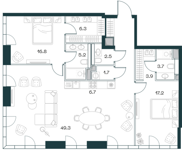 Планировка: 3-комнатная квартира, 121,9 м²