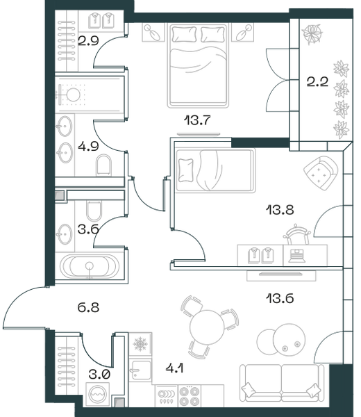 Планировка: 3-комнатная квартира, 68,6 м²