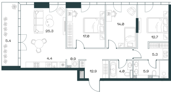 Планировка: 3-комнатная квартира, 107,8 м²