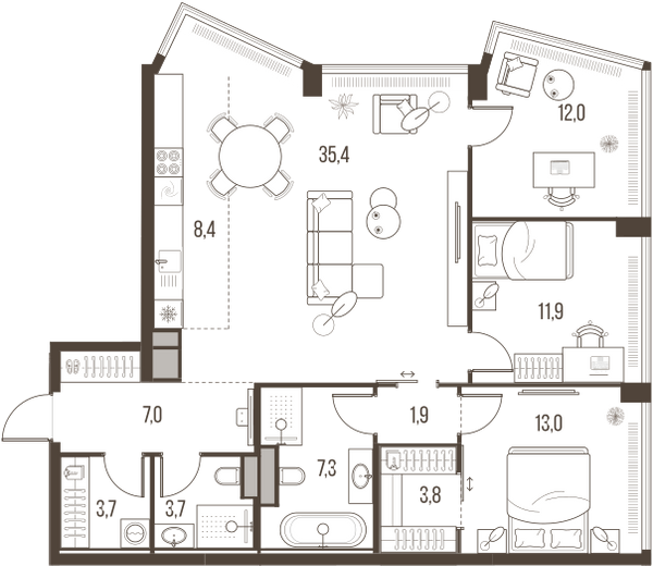 Планировка: 4-комнатная квартира, 108,1 м²