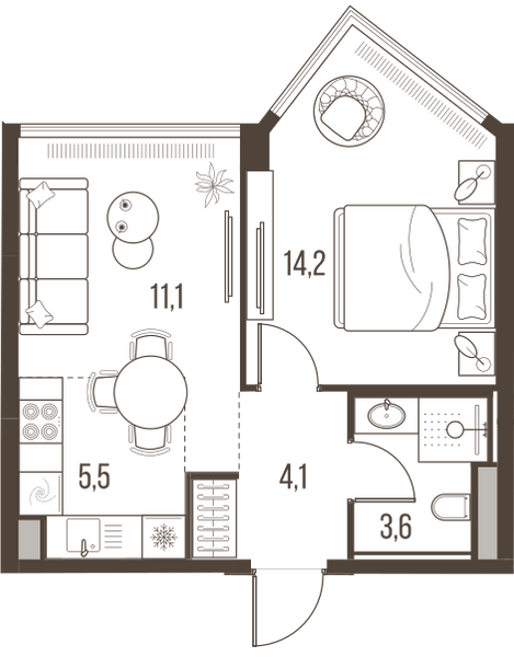 Планировка: 2-комнатная квартира, 38,5 м²