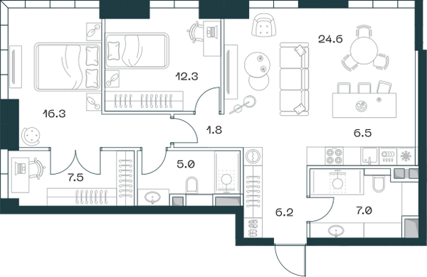 Планировка: 3-комнатная квартира, 87,5 м²