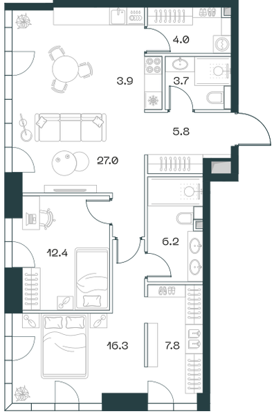 Планировка: 3-комнатная квартира, 87,1 м²