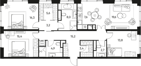 Планировка: 4-комнатная квартира, 116,5 м²