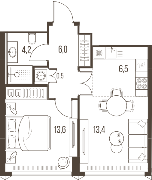 Планировка: 2-комнатная квартира, 44,2 м²