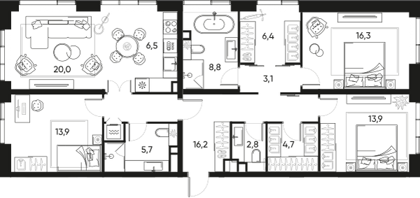 Планировка: 4-комнатная квартира, 119,0 м²