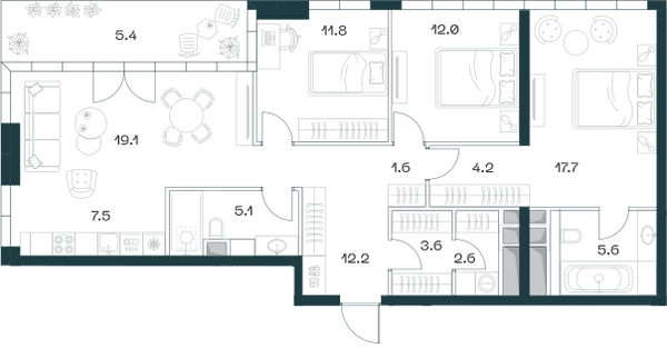 Планировка: 3-комнатная квартира, 106,8 м²